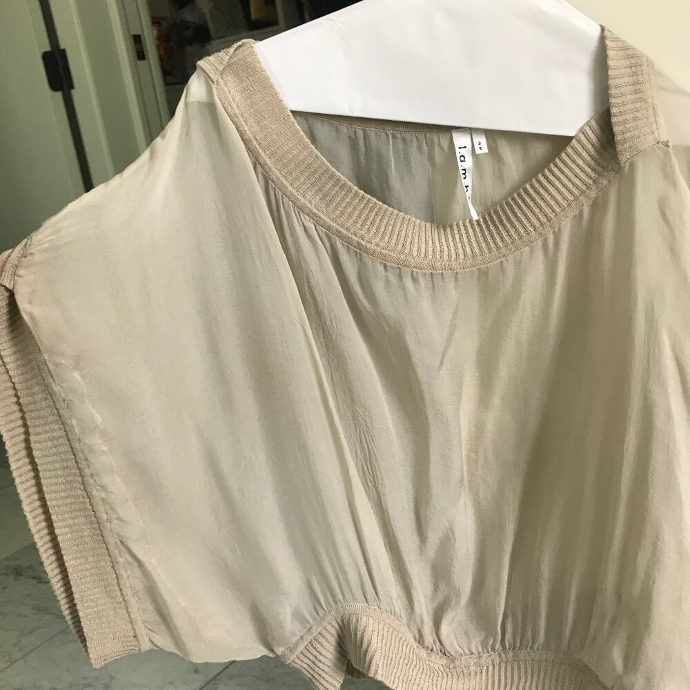L.A.M.B. Medium SILK blouse shirt tan / gold / green